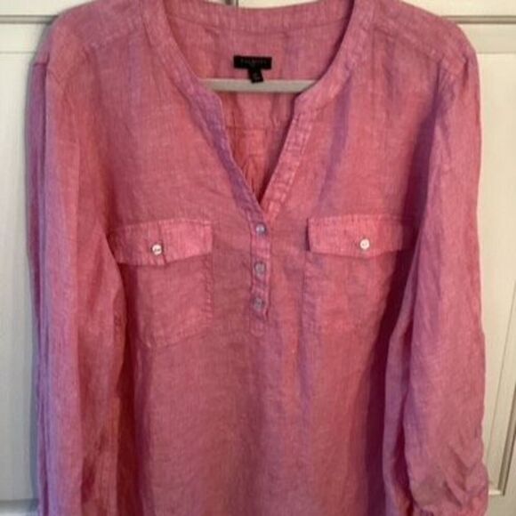 Talbots Plus 100% Linen Band Collar Popover Sz 2X Pink - Picture 2 of 10